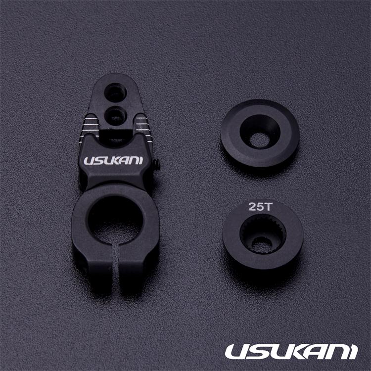 Usukani Adjustable Servo Horn 25T（Black)  Features: 1) 0-4mm Adjustable length，Minimum center distance 15mm                                           2)Swift adjust the neutral of servo without dismounting [US88183]